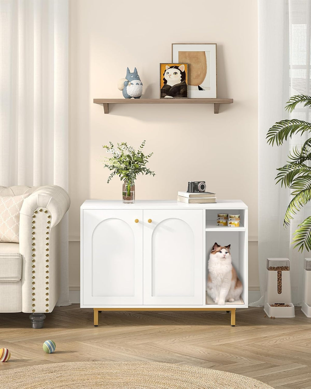 Hzuaneri Cat Litter Box Enclosure,Hidden Litter Box Furniture with Storage | Large Wooden Cabinet with Sisal Mat, Modern Cat Washroom for Living Room, Bedroom, Entryway, White and Gold CB84903A
