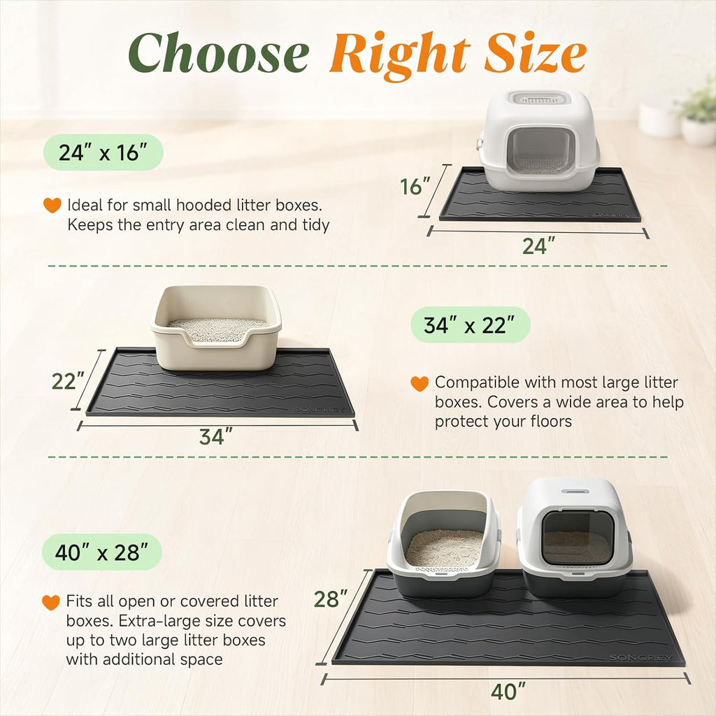 Songrey Silicone Cat Litter Mat 24" x 16", Large Litter Trapping Mat, Black | Waterproof, Urine-Proof Litter Box Mat for Floor, Soft on Kitty Paws, Easy To Clean, Cat Supplies, Pet Feeding Mat