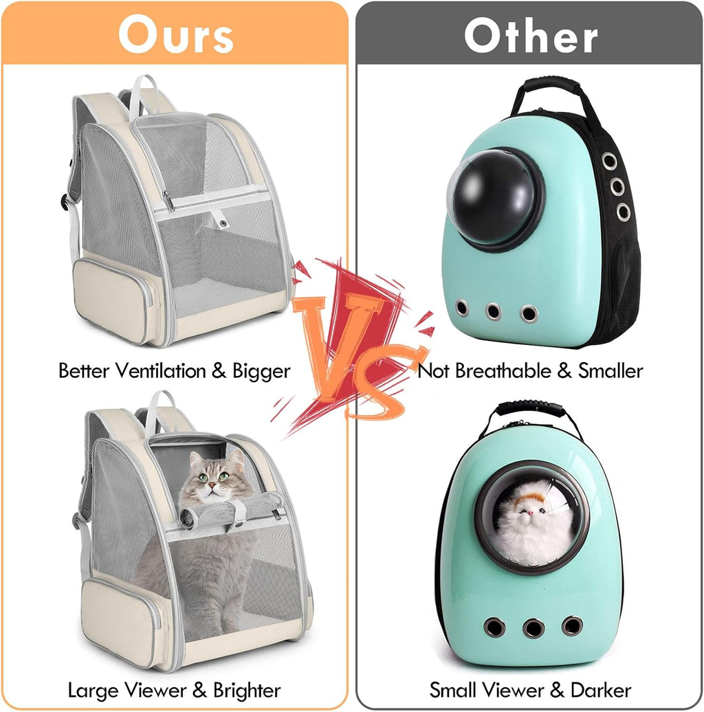 Cat Backpack Carrier, Small Dog Carrier Backpack with Fully Ventilated Mesh, Kitten Wand Feather Toy & Safety Leash, Collapsible Travel Hiking Pet Carrier for Small Dogs Cat Puppy Kitten Bunny (Beige)