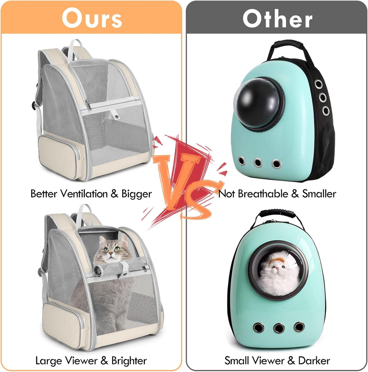 Cat Backpack Carrier, Small Dog Carrier Backpack with Fully Ventilated Mesh, Kitten Wand Feather Toy & Safety Leash, Collapsible Travel Hiking Pet Carrier for Small Dogs Cat Puppy Kitten Bunny (Beige)