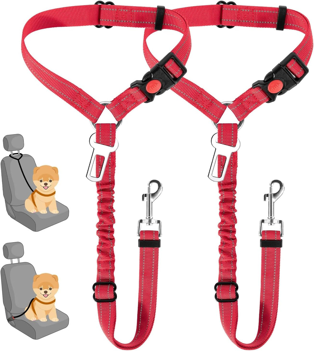 SlowTon Dog Seat Belt for Car, 2 Pack Dog Car Harness Seatbelt with Bungee