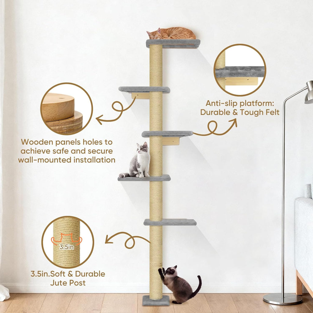 PAWSCRAT 5-Tier Wall-Mounted Cat Tree, 80-Inch Sisal Cat Post, Gray