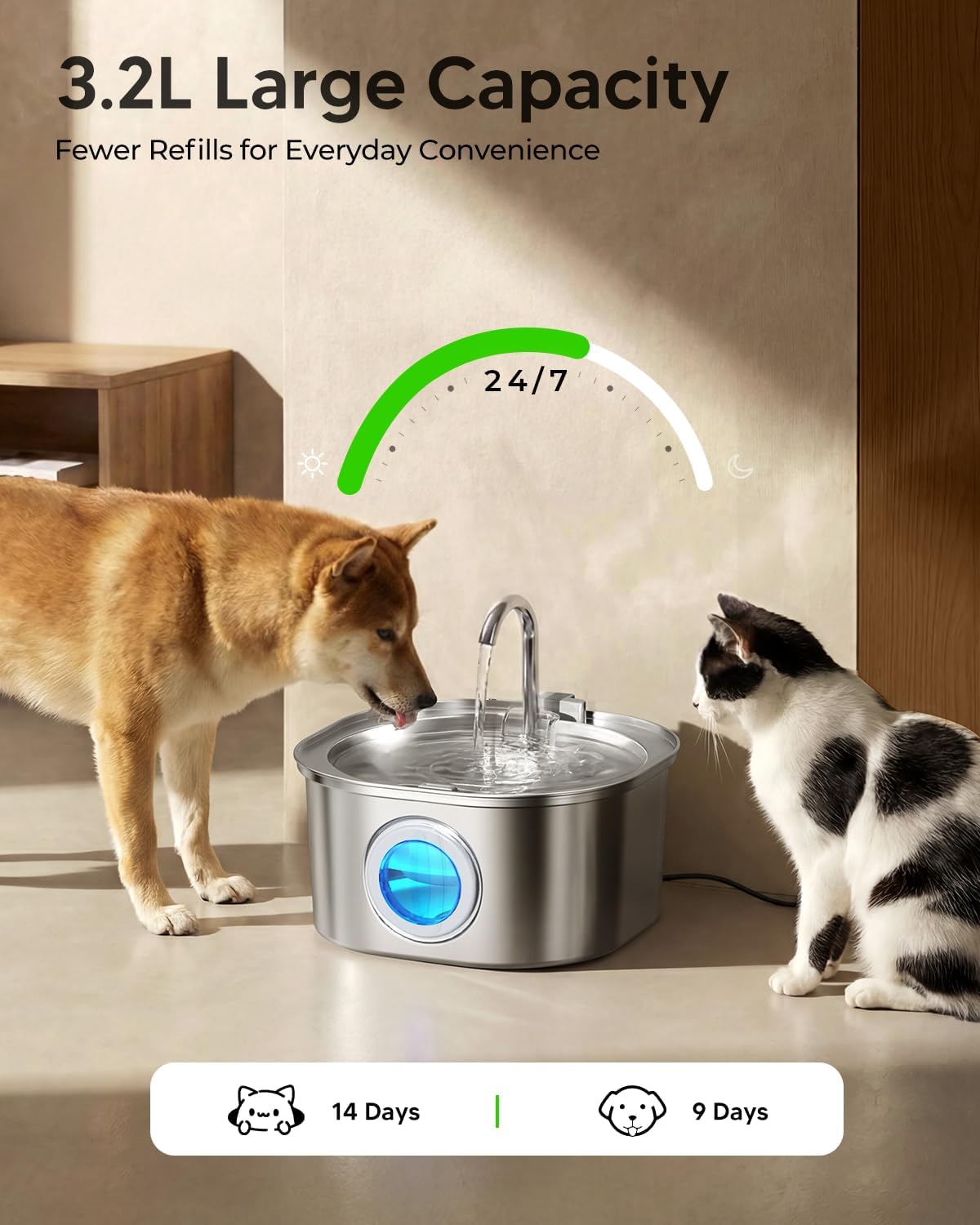 PEKTACO Stainless Steel Cat Water Fountain, 3.2L/108oz with 3 Filters