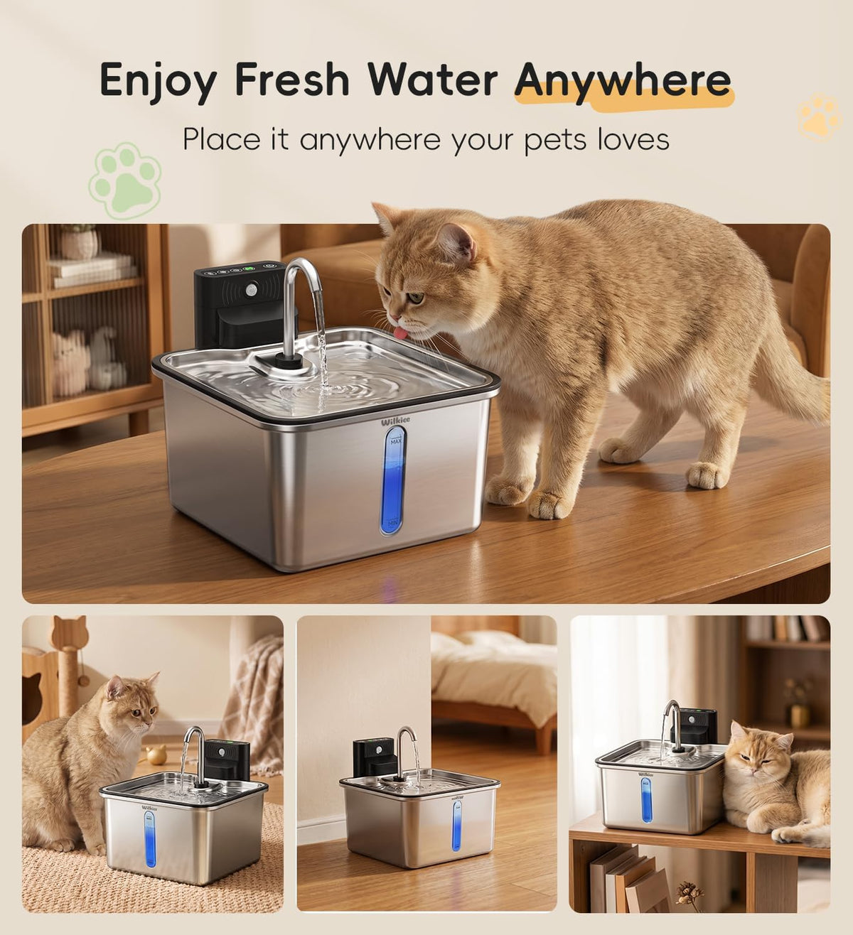 Cat Water Fountain Stainless Steel, 135oz/4L Cordless Pet Fountain for Cat