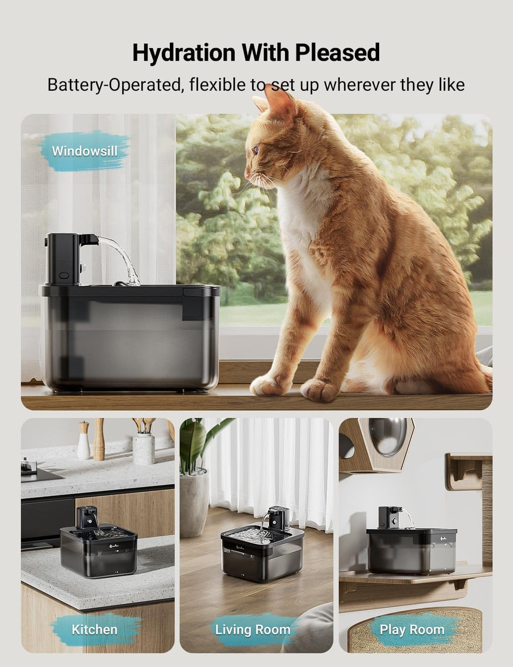 DownyPaws Cat Water Fountain Cordless, Pet Fountain, Black, 6 Filters