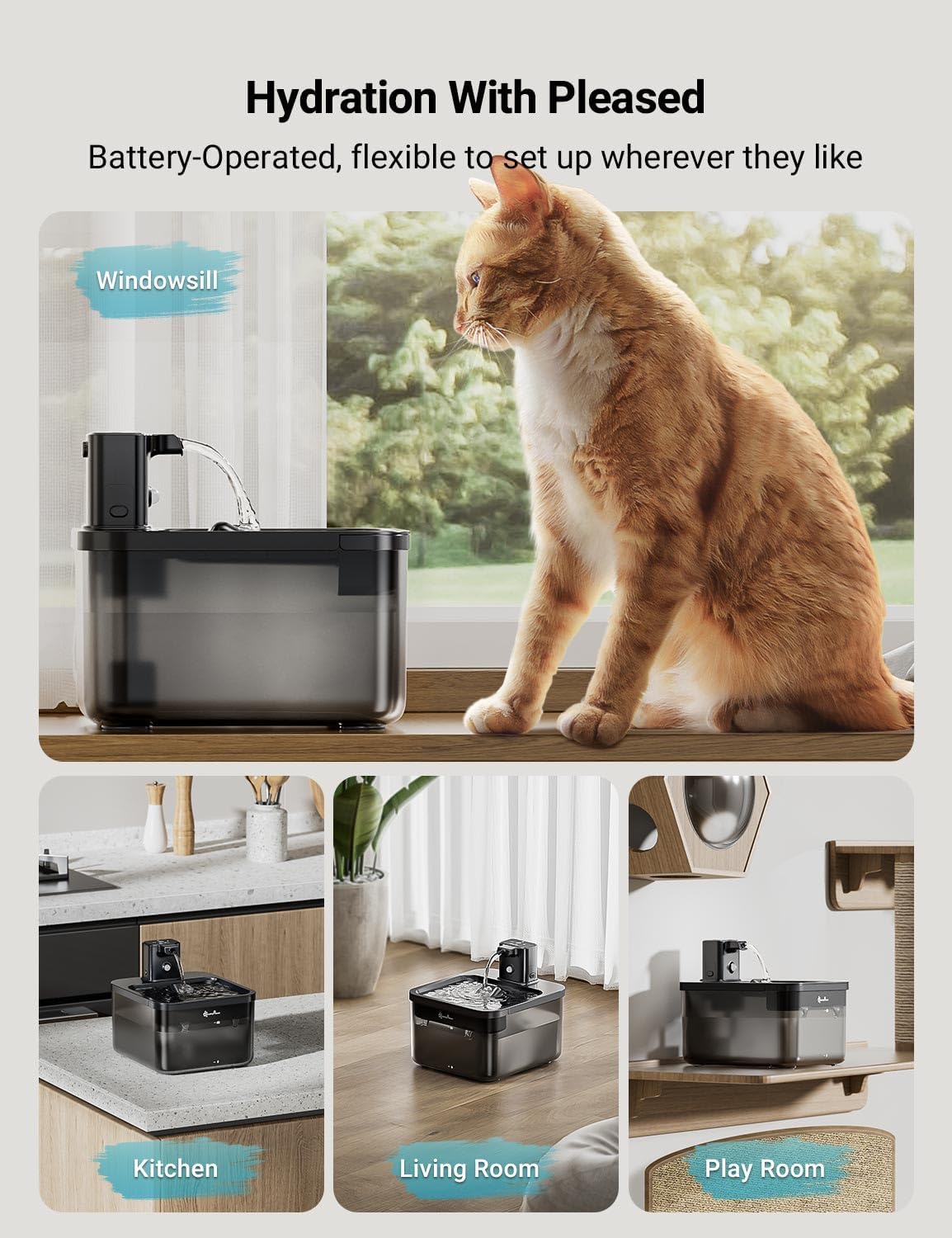 DownyPaws Cat Water Fountain Cordless, Pet Fountain, Black, 6 Filters