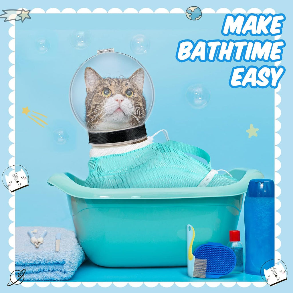 8 Pcs Cat Muzzle Set with Adjustable Cat Bathing Bag, Breathable Muzzle Pet for Shower Grooming Brush Tick Remover Tool Nail Clipper Nail File for Dog, Bunny Cleaning Trimming(M Size,Blue)