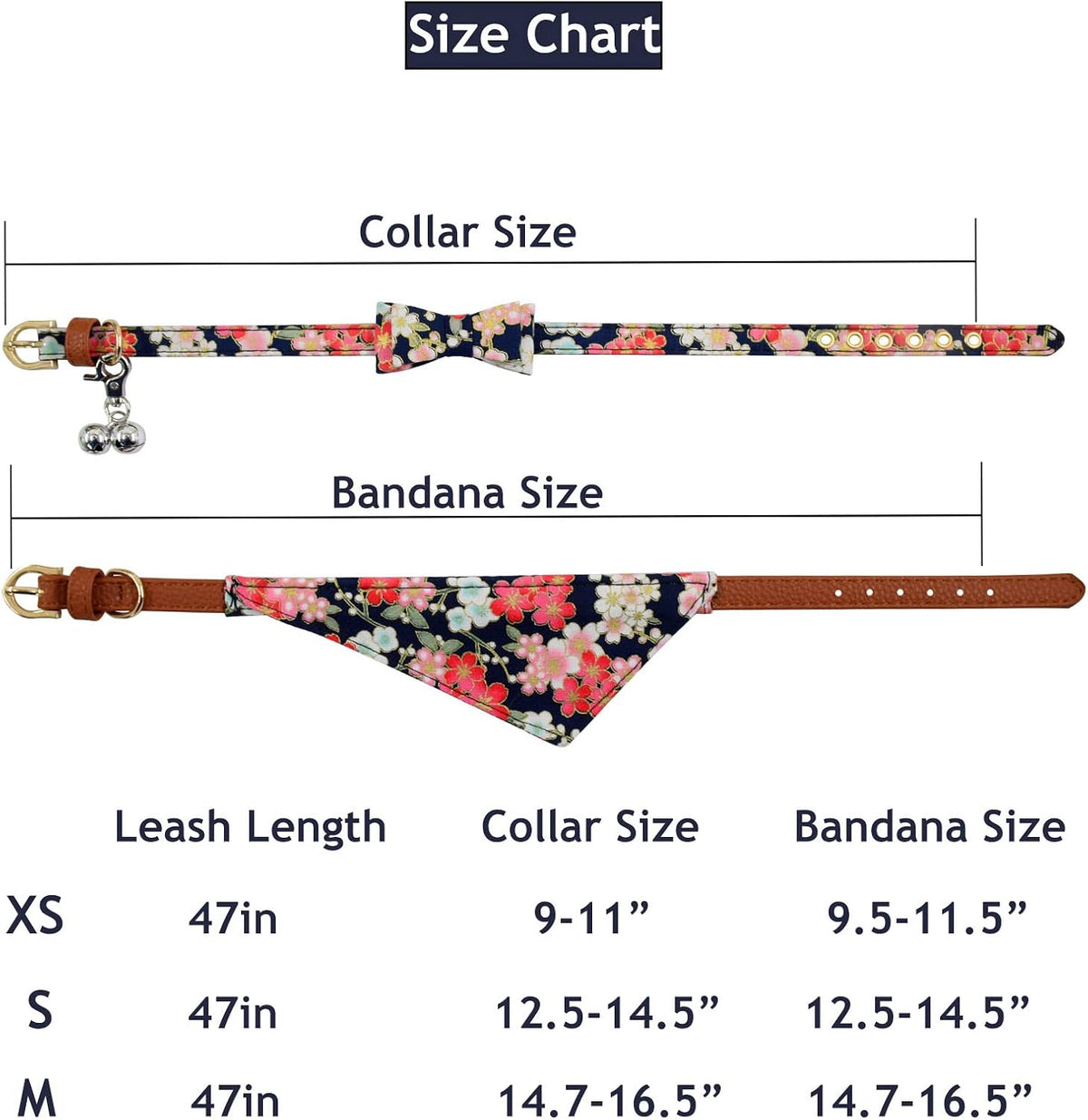 3PCS Bow Tie Dog Collar and Leash Set Plaid/Camo/Dots/Flower Dog Banadanas with Bell 3 Size Adjustable for Small Dogs Puppies and Cats (M, Black Flower)