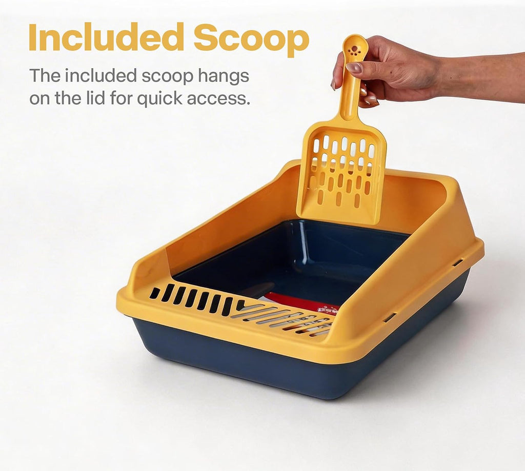 PAWISE Kitten Litter Box, 14.3"x10.8"x6.3" Small Cat Litter Pan,Open Top Travel Litter Box with Scoop, Low Entry and Play Mat, Anti-Splash Cover(Blue+Yellow)