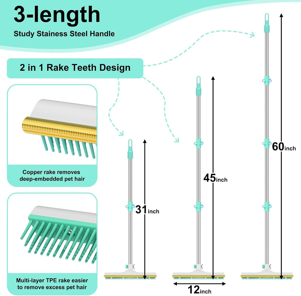 Carpet Rake for Pet Hair Removal - 60" Adjustable Long Handle Carpet Rake, 3 in 1 Reusable Pet Hair Removal Tool Kit, Cat Dog Fur Rakes Scraper Carpet Broom (White)