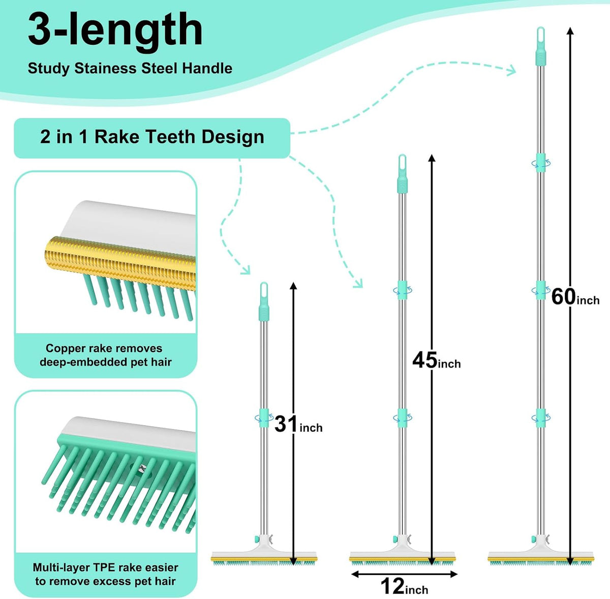 Carpet Rake for Pet Hair Removal - 60" Adjustable Long Handle Carpet Rake, 3 in 1 Reusable Pet Hair Removal Tool Kit, Cat Dog Fur Rakes Scraper Carpet Broom (White)