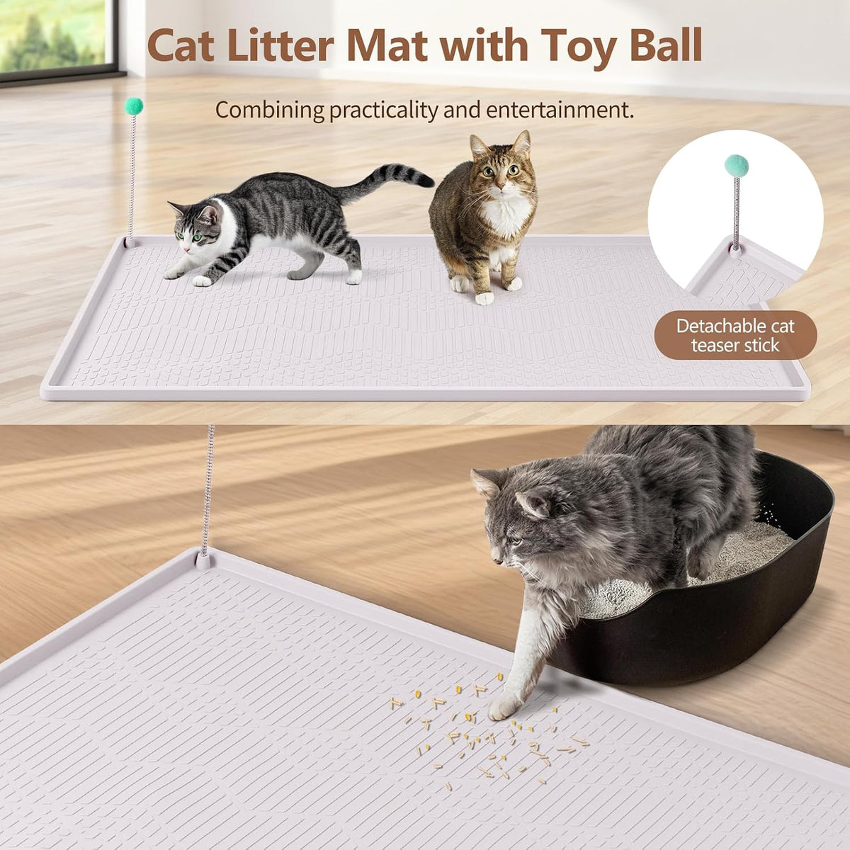 Silicone Cat Litter Box Mat 38'' x 25'' Cat Mat with Toy, White