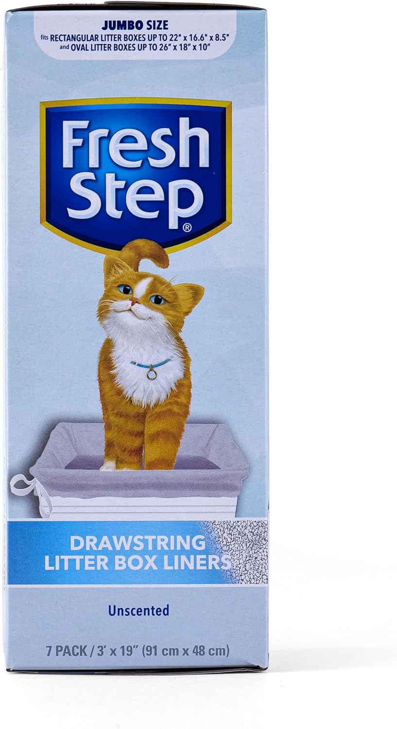 Fresh Step Drawstring Cat Litter Liners,Unscented, 3 ft x 19 in, 7Ct, 36-Pk | Heavy-duty bags, unscented, drawstring closure, X-large oval or rectangle pans