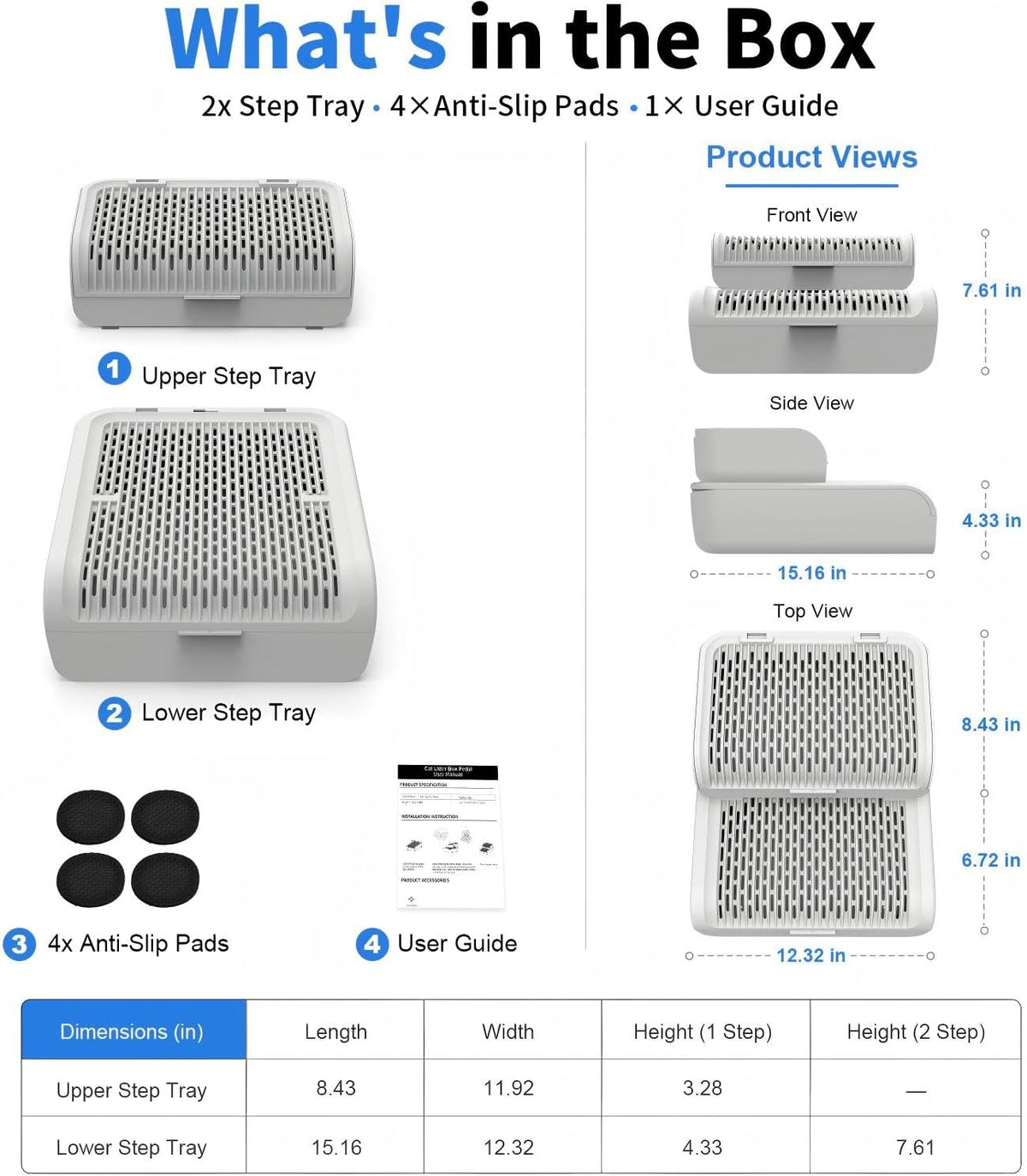 Litter Box Step for Cats, 15.2"×12.3" Wide Litter Box Ramp Non-Slip Litter Catcher Step Supports 50lbs, Adjustable 1 or 2 Stairs for Senior & Large Cats