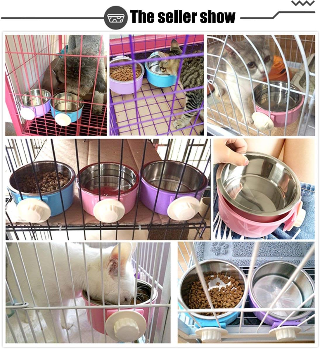 Crate Dog Bowl Removable Stainless Steel Water Food Feeder Bowls Cage Coop Cup for Cat Puppy Bird Pets 