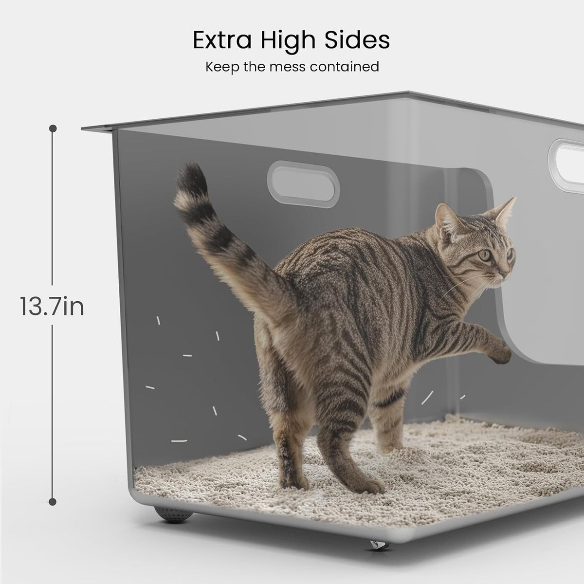 Stainless Steel Litter Box 13.7'' High Sides, XL Metal Cat Litter Box with Curved Low Entry, Cat Litter Pan for Big & Multiple Cats, Pet Toliet with Handy Wheels for Easy Moving