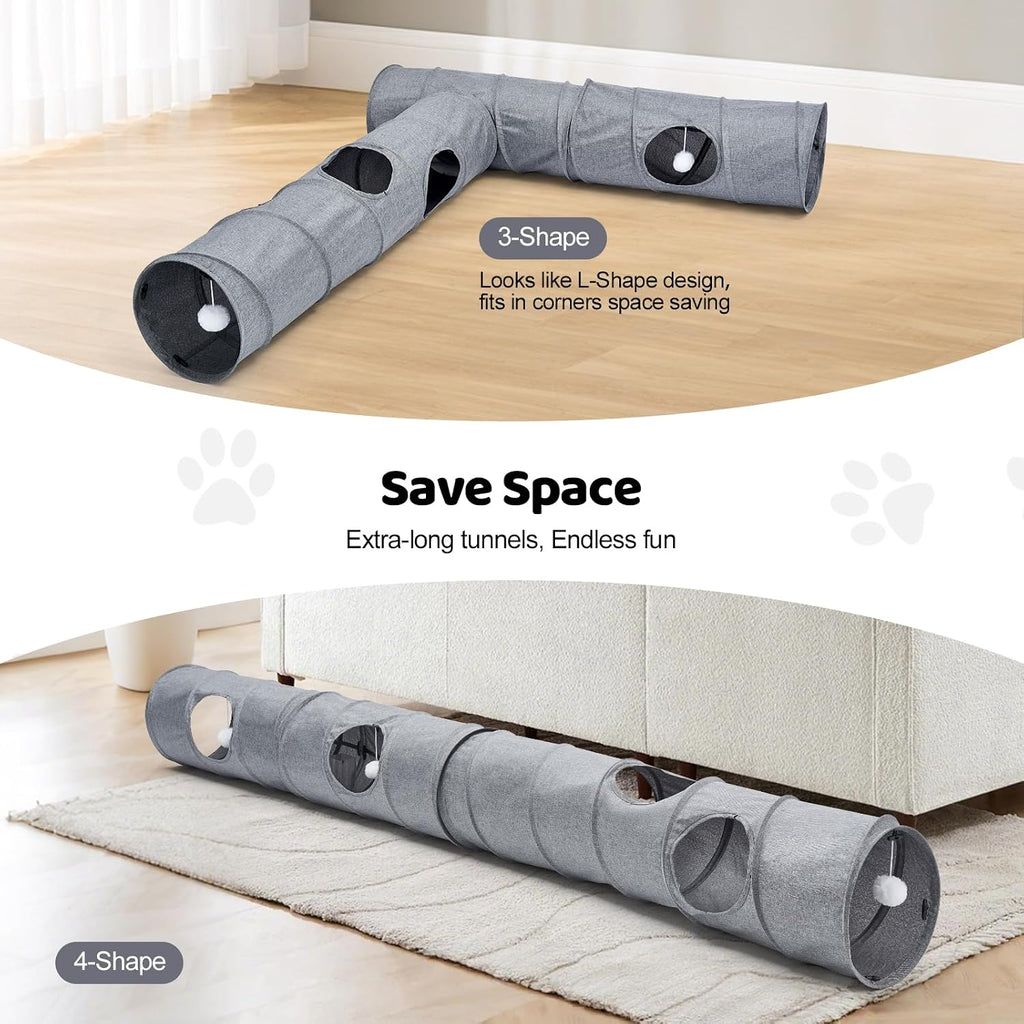 Cat Tunnel, 3 Straight Shaped Tunnels 6 DIY Shapes with Wand Toys, No Noise Scratch Resistant Cool Linen Fabric, Interactive Pet Tunnel Tube for Indoor Cats, Puppy and Rabbits