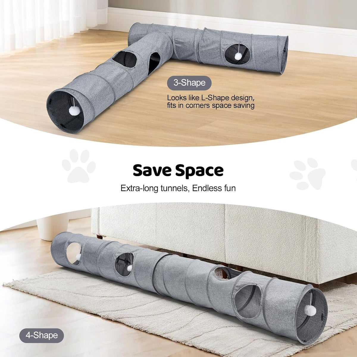 Cat Tunnel, 3 Straight Shaped Tunnels 6 DIY Shapes with Wand Toys, No Noise Scratch Resistant Cool Linen Fabric, Interactive Pet Tunnel Tube for Indoor Cats, Puppy and Rabbits