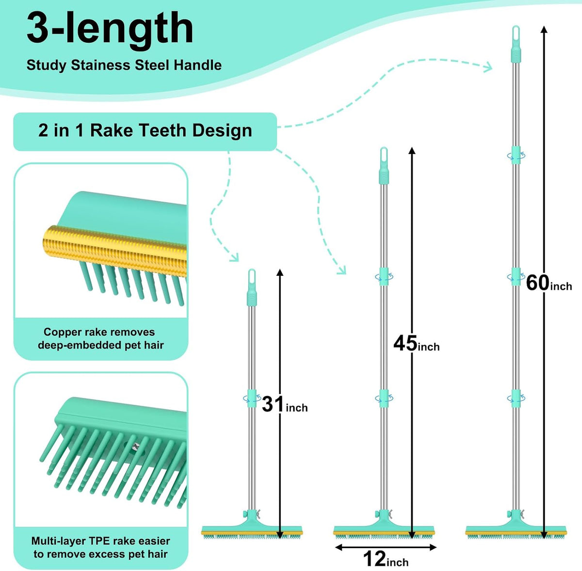 Carpet Rake for Pet Hair Removal - 60" Adjustable Long Handle Carpet Rake