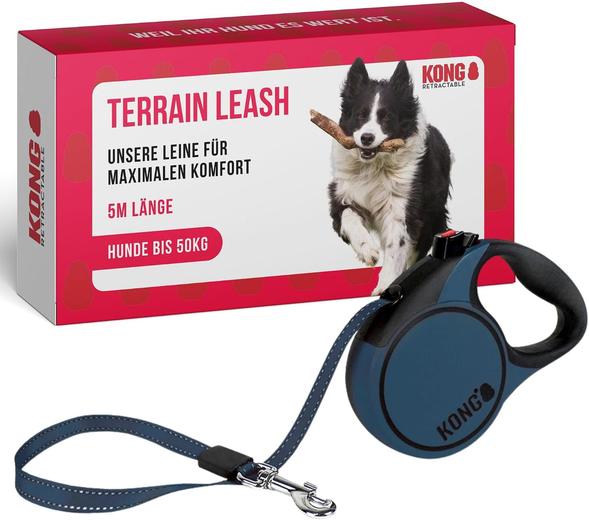 Alcott Kong Terrain Retractable Dog Leash, Large, Blue, 16' Long