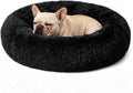 Calming Donut Dog Bed for Small Dogs, Anti-Anxiety Round Washable Plush Fluffy Faux Fur Large Cat Bed, 24 inches Fits up to 25 lbs Pets, Anti-Slip Waterproof Mute Base Black