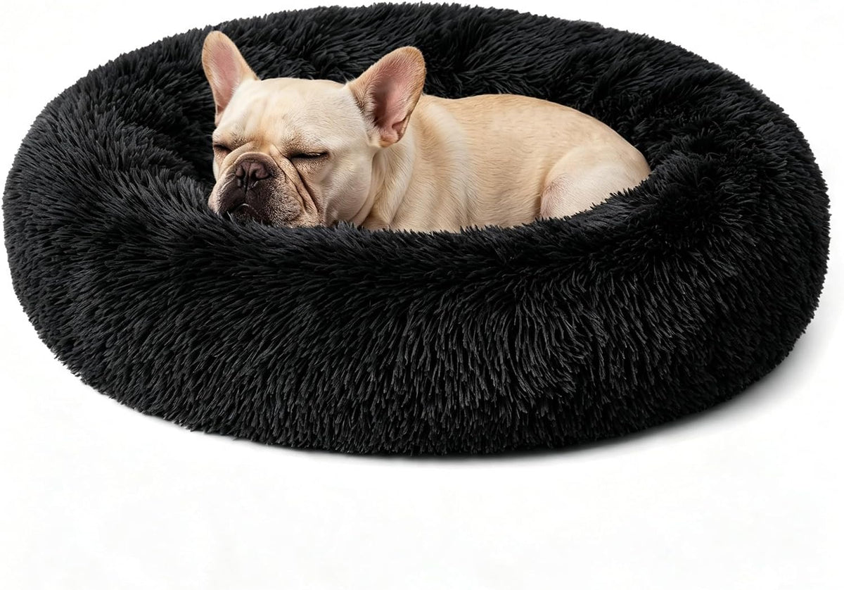 Calming Donut Dog Bed for Small Dogs, Anti-Anxiety Round Washable Plush Fluffy Faux Fur Large Cat Bed, 24 inches Fits up to 25 lbs Pets, Anti-Slip Waterproof Mute Base Black