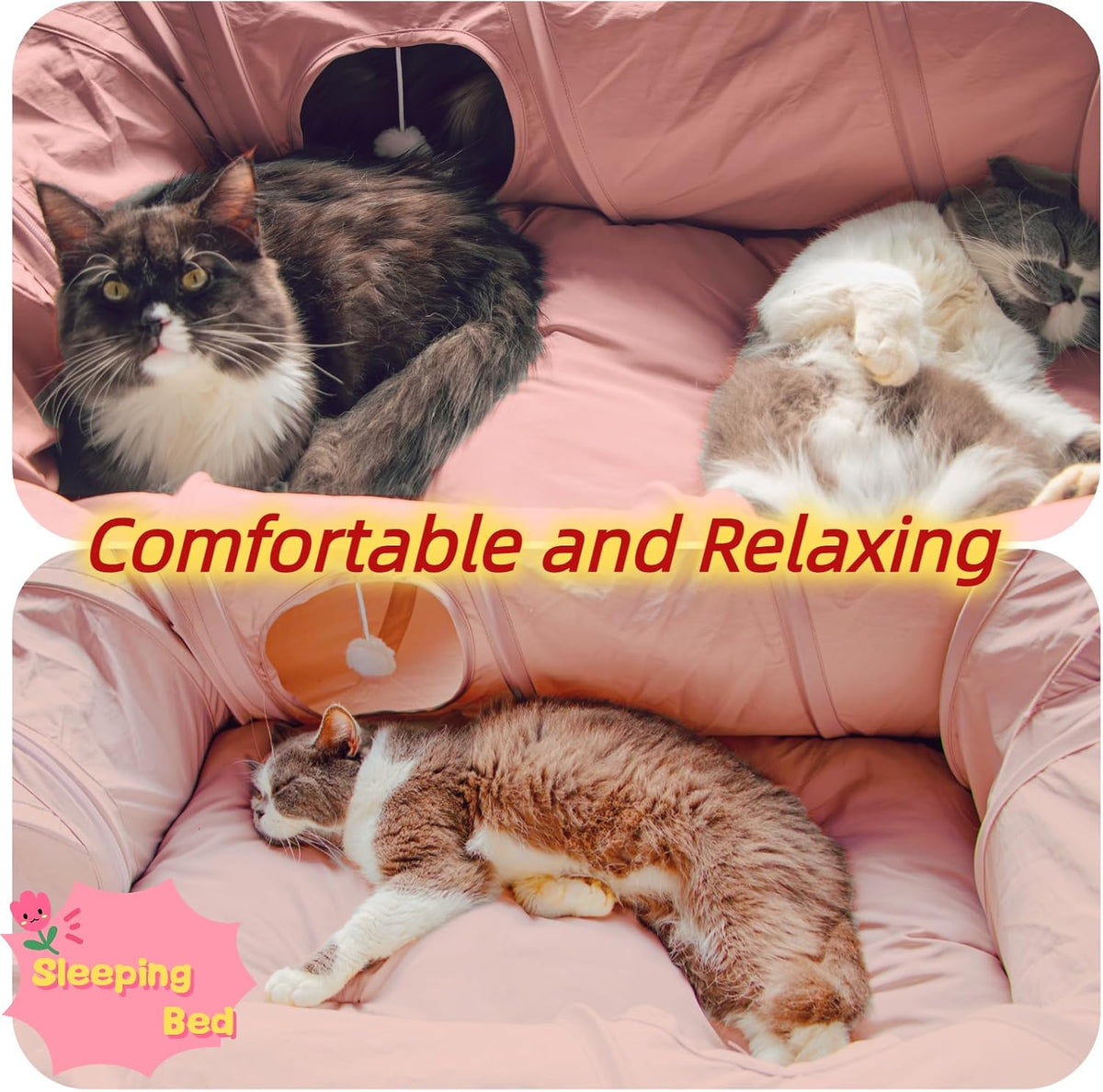 XxingSheep 4 Ways Shuttled XL Cat Tunnel Bed for Indoor Cats Peekaboo Cat Cave Donut with Cool Mat (Pink)