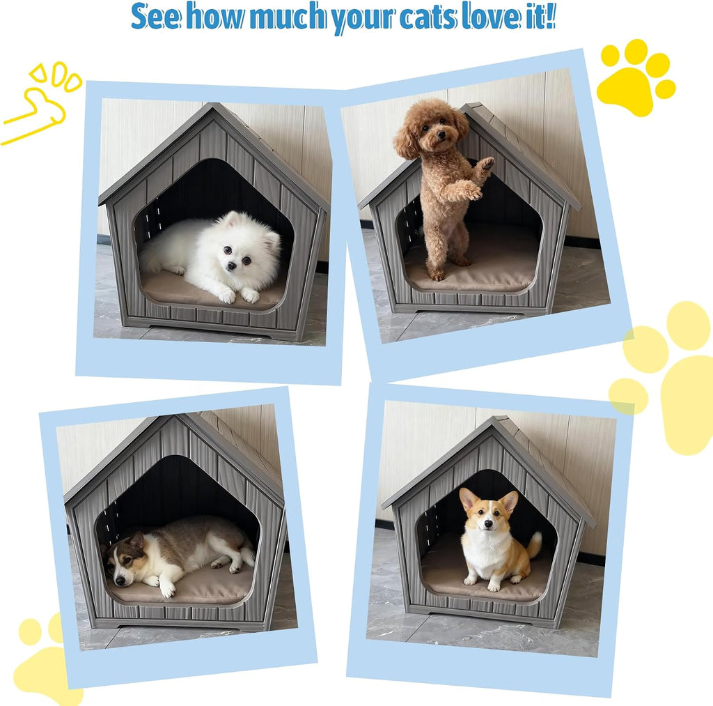 Fancyango Small Dog House Outdoor Indoor, Durable Plastic Waterproof Doghouse with Air Vents and Elevated Floor, Easy Clean and Assemble (Grey, 23.5" L×22.5" W×22.2" H)