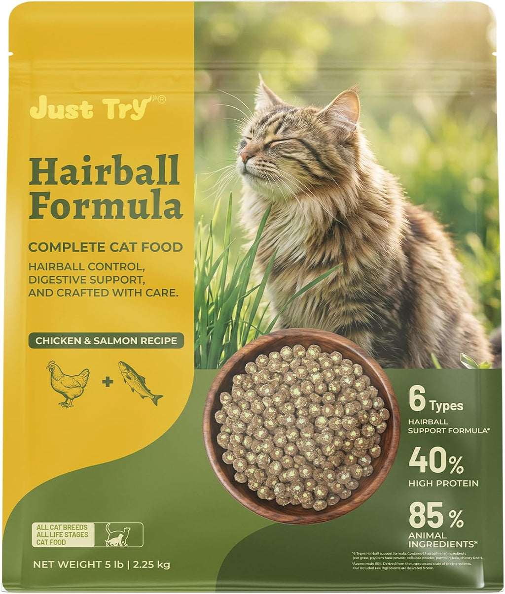 Just Try Hairball Relief Cat Food with Cat Grass, Pumpkin & Taurine, 5 lb