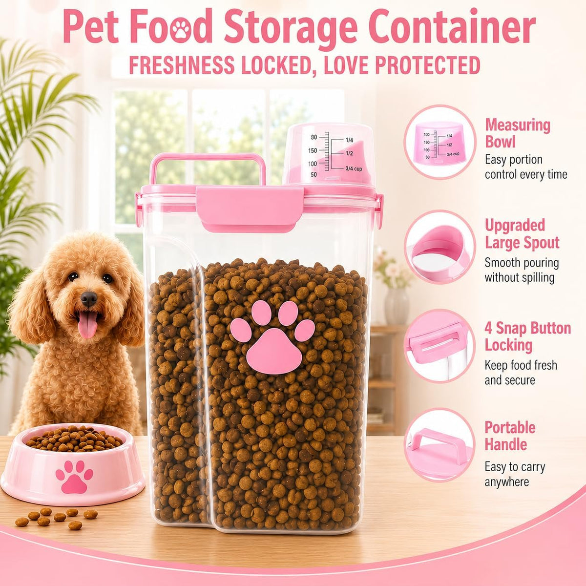 5-7Lbs Airtight Dog Cat Food Storage Container with cleaning brush,Measuring Cup,4 Snap Seals,Portable Pet Food Containers with Upgraded Large Nozzle for Dogs,Cats,Birds,Small Animals(Large-Pink)