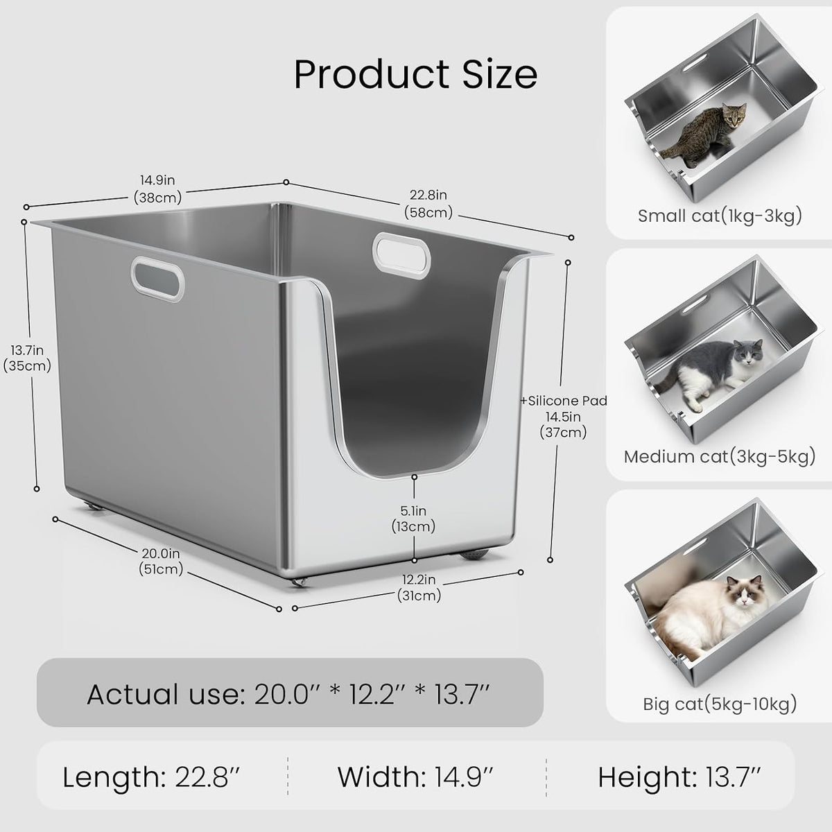 Stainless Steel Litter Box 13.7'' High Sides, XL Metal Cat Litter Box with Curved Low Entry, Cat Litter Pan for Big & Multiple Cats, Pet Toliet with Handy Wheels for Easy Moving