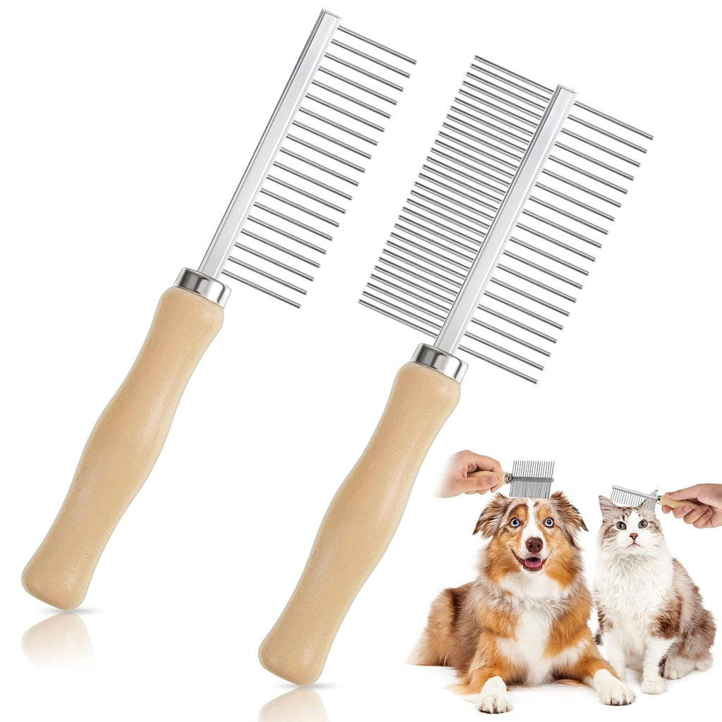 2 Pcs Pet Grooming Combs, Double Side Metal with Wooden Handle
