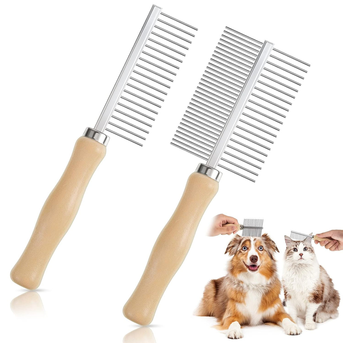 2 Pcs Pet Grooming Combs, Double Side Metal with Wooden Handle
