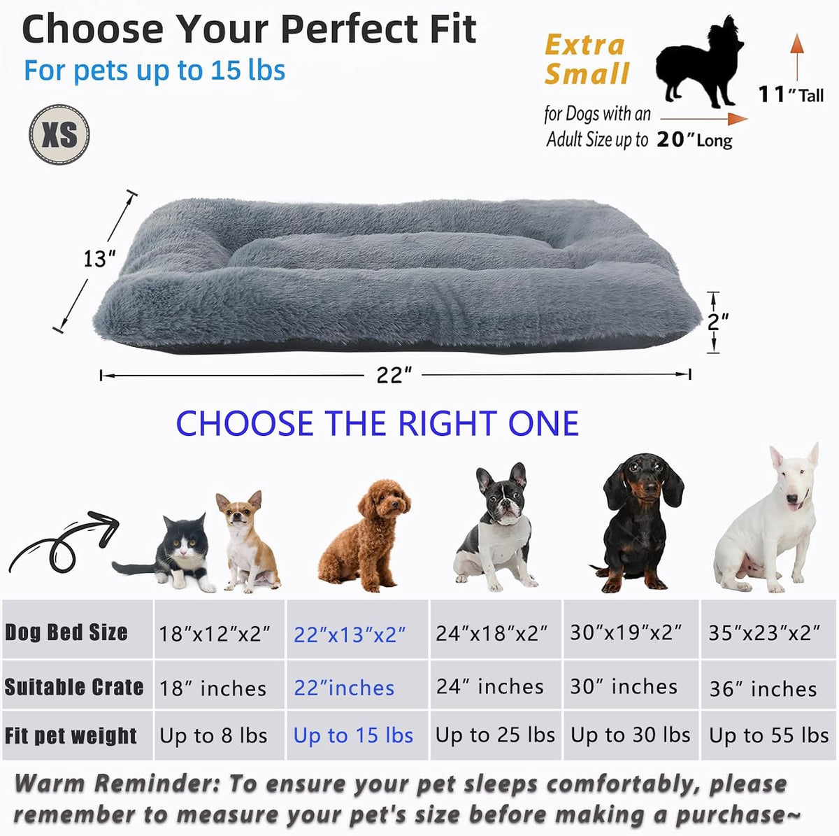 Dog Crate Bed for Extra Small Dogs Washable & Anti-Slip Ultra Soft Dog Beds Kennel Pad for Pets Cozy Sleeping Mat, Dark Grey 22inch