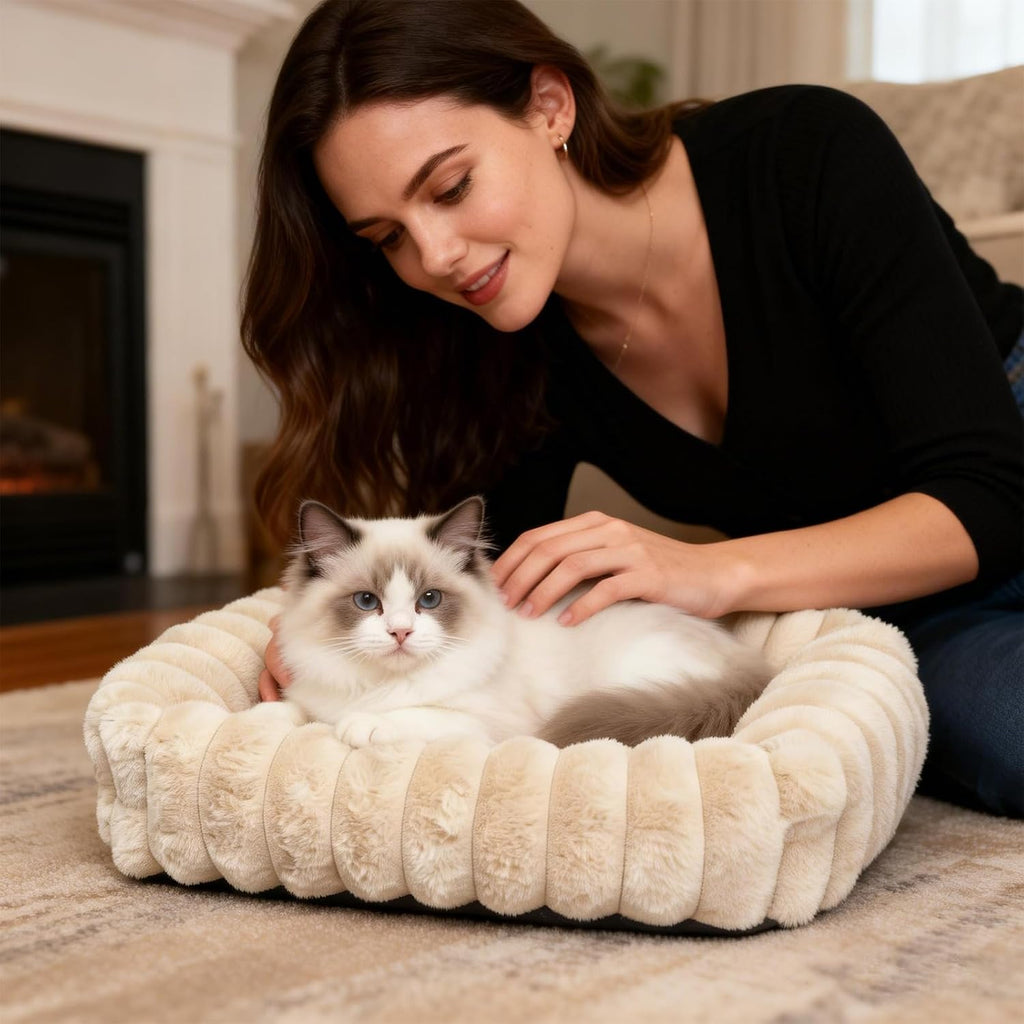 Tiny Pet Bed for Extra Small Dogs & Cats, Square Washable 18x14 Cat Bed with High Sides, Rectangle Calming Cat Beds for Indoor Kittens and Puppy, Soft Comfy Very Small Sofa for Pets Cozy Sleep, Beige
