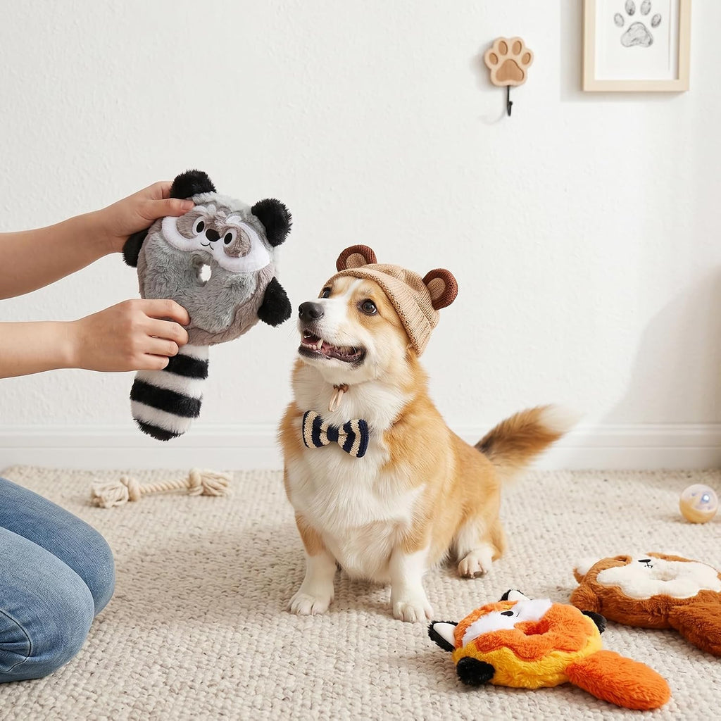 3-Pack Plush Squeaky Dog Toys with Crinkle Tails | Easy-Grip Open Center and Lightweight Design for Carrying, Shaking and Fetch, for Small Dogs & Puppies