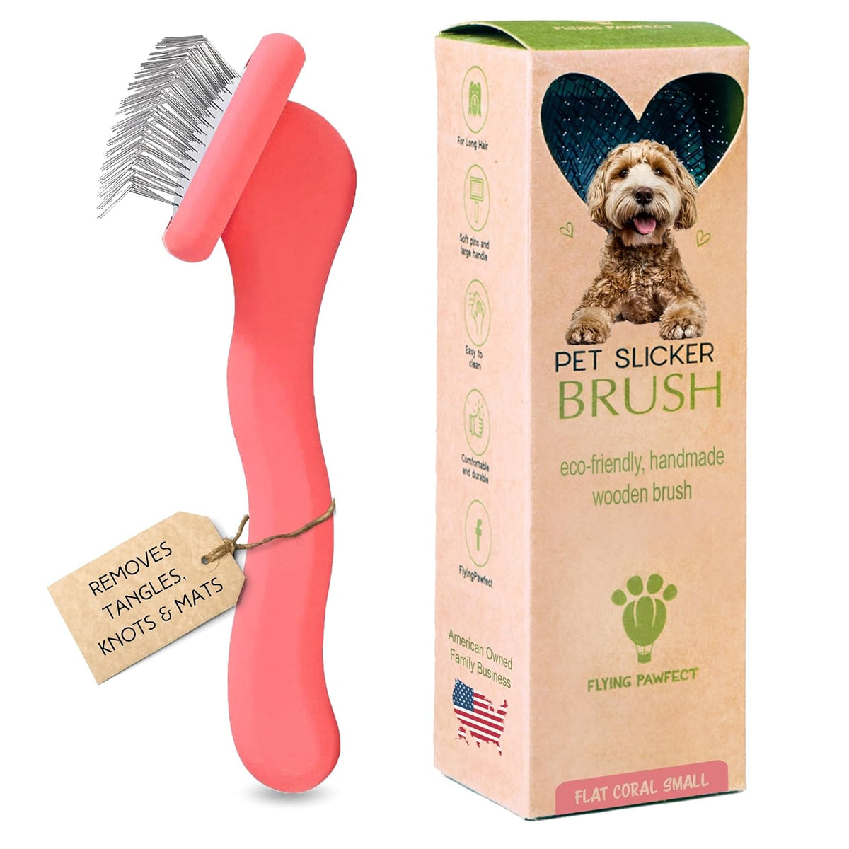 Slicker Brush for Dogs - Long Pin for Poodles, Doodles & Long Haired Dogs, Deshedding & Dematting Tool, Slicker Dog Brushes for Grooming (Coral, Flat Small)