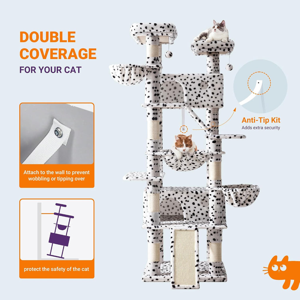 Allewie 81 Inches Tall Cat Tree/Multi-Level Large Climbing Tree House and Towers for Big Feline/Condo and Hammock/Scratching Post/Wide Base/White & Black Spot