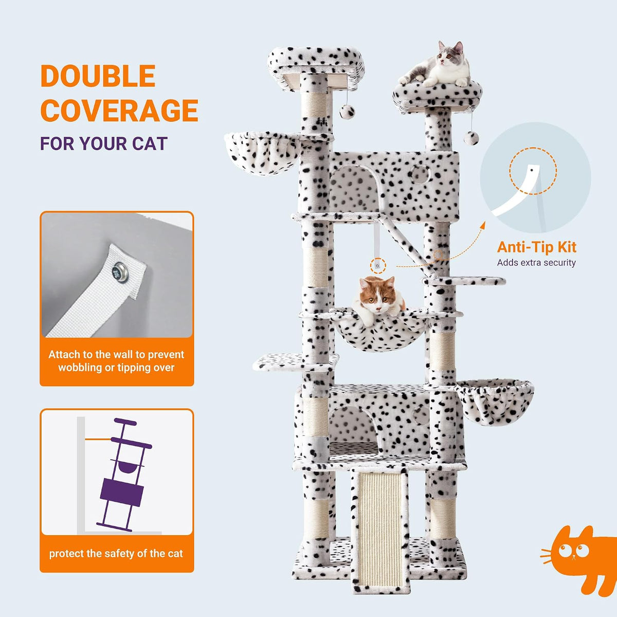 Allewie 81 Inches Tall Cat Tree/Multi-Level Large Climbing Tree House and Towers for Big Feline/Condo and Hammock/Scratching Post/Wide Base/White & Black Spot