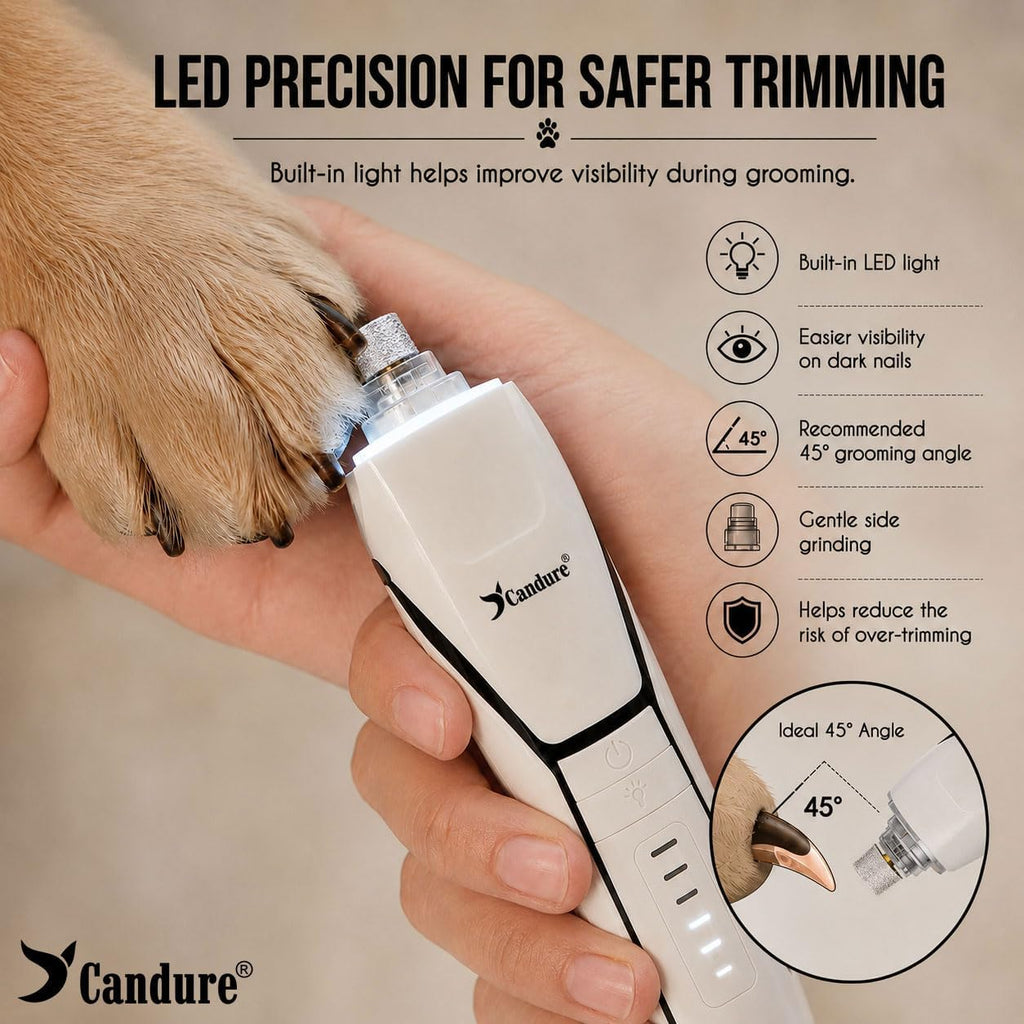 Candure Whisper Quiet Dog Nail Grinder with 360 Degree LED Light, 6-Speed Rechargeable Pet Nail Trimmers with Extra Grinding Head for Safe, Stress-Free Grooming for All Pet Sizes (White)