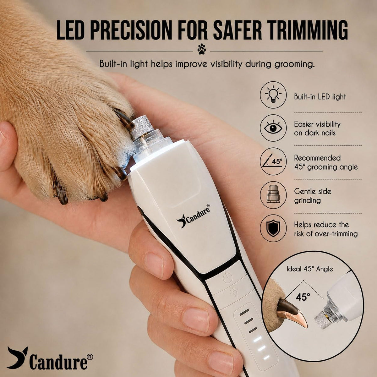 Candure Whisper Quiet Dog Nail Grinder with 360 Degree LED Light, 6-Speed Rechargeable Pet Nail Trimmers with Extra Grinding Head for Safe, Stress-Free Grooming for All Pet Sizes (White)