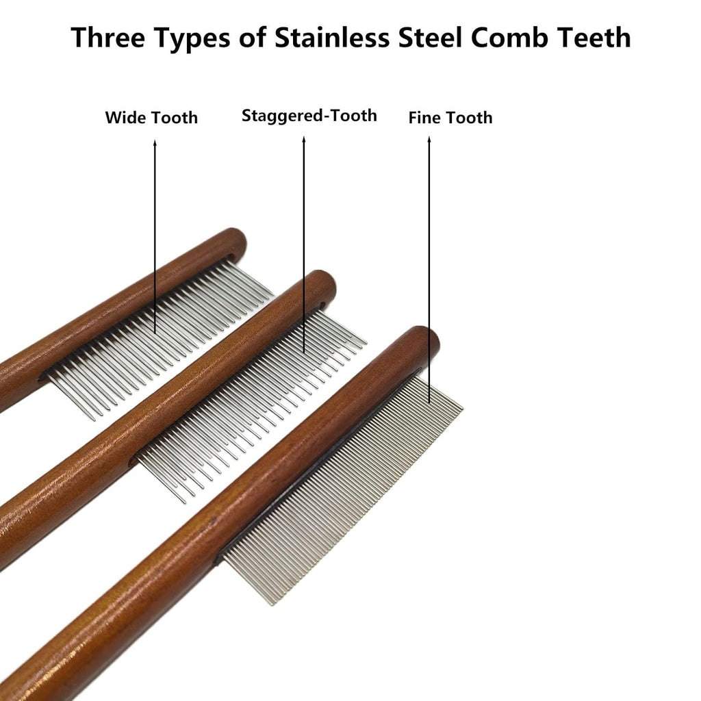 3-Pack Wood Pet Grooming Comb, Stainless Steel Flea Comb