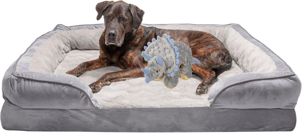 FurHaven Cooling Gel Dog Bed & goDog Toy - Squeaky Plush Dino with Chew Guard Technology for Large Dogs - Plush & Velvet Waves Perfect Comfort Sofa - Granite Gray, Jumbo Plus/XXL