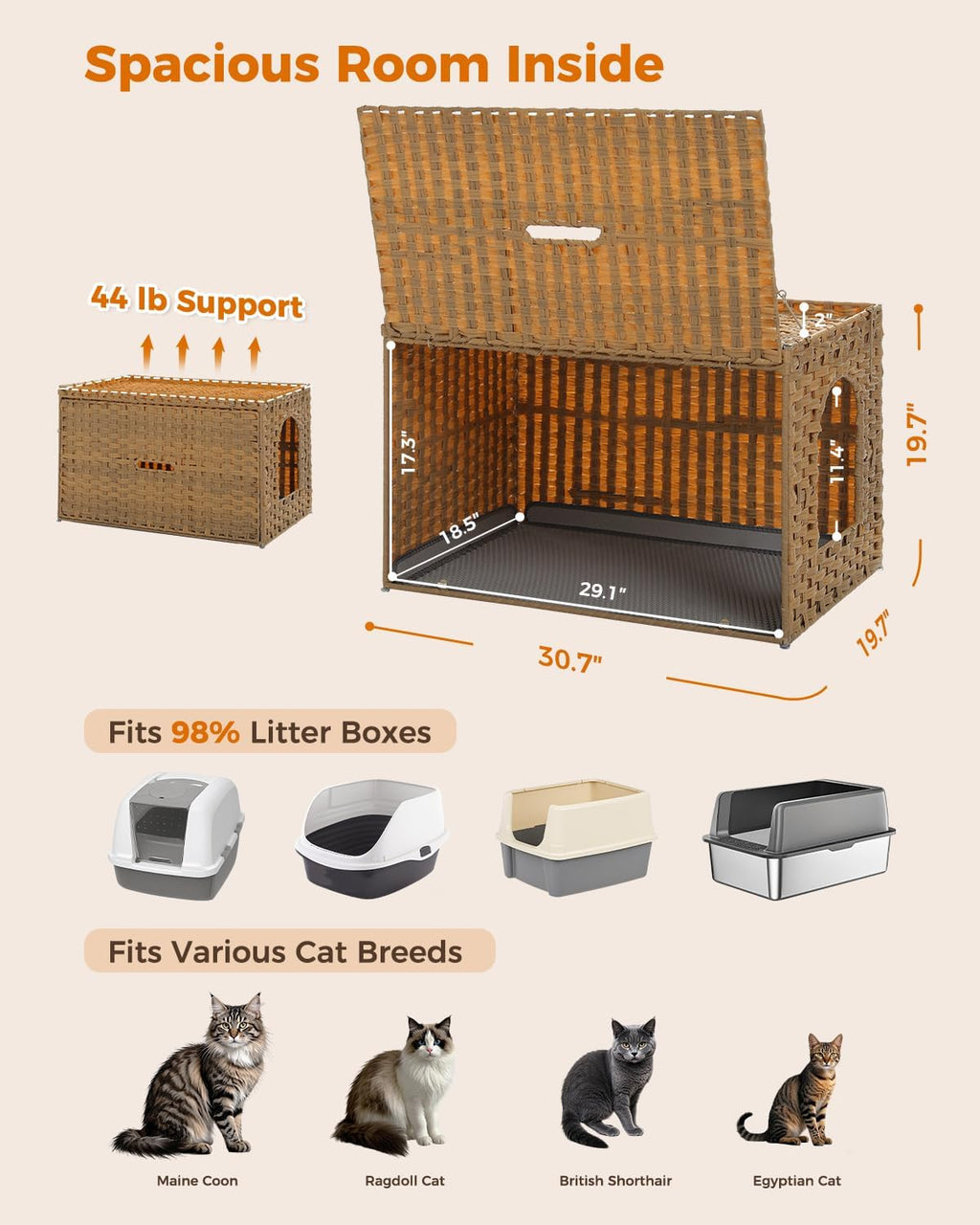 MUTTROS Rattan Cat Litter Box Enclosure - Extra Large Hidden Litter Box Furniture by Handwoven Wicker with Taller Doorway & Raised Edge Mat-Cat House Cabinet for Large Cats Indoor Odor Control, Beige