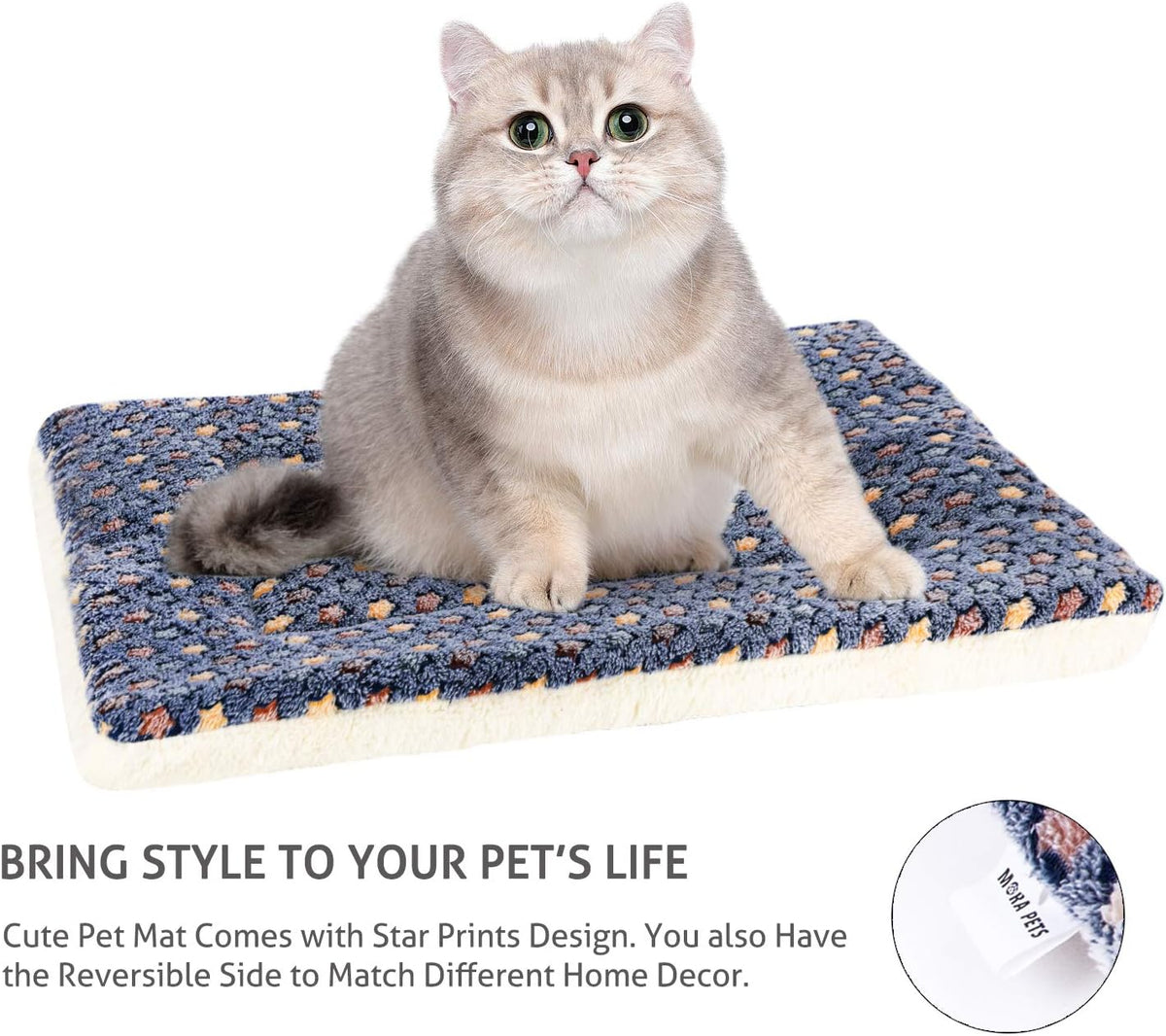 Mora Pets Cat Bed Ultra Soft Dog Crate Pad Star Print 14 x 17.5 inch Blue