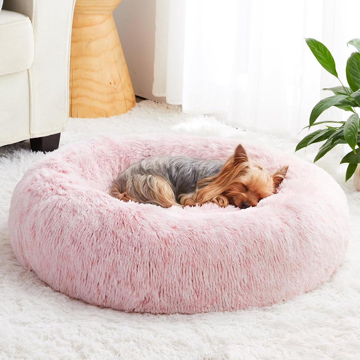 WNPETHOME Small Pink Round Calming Dog Bed Cat Bed for Comfy Sleep