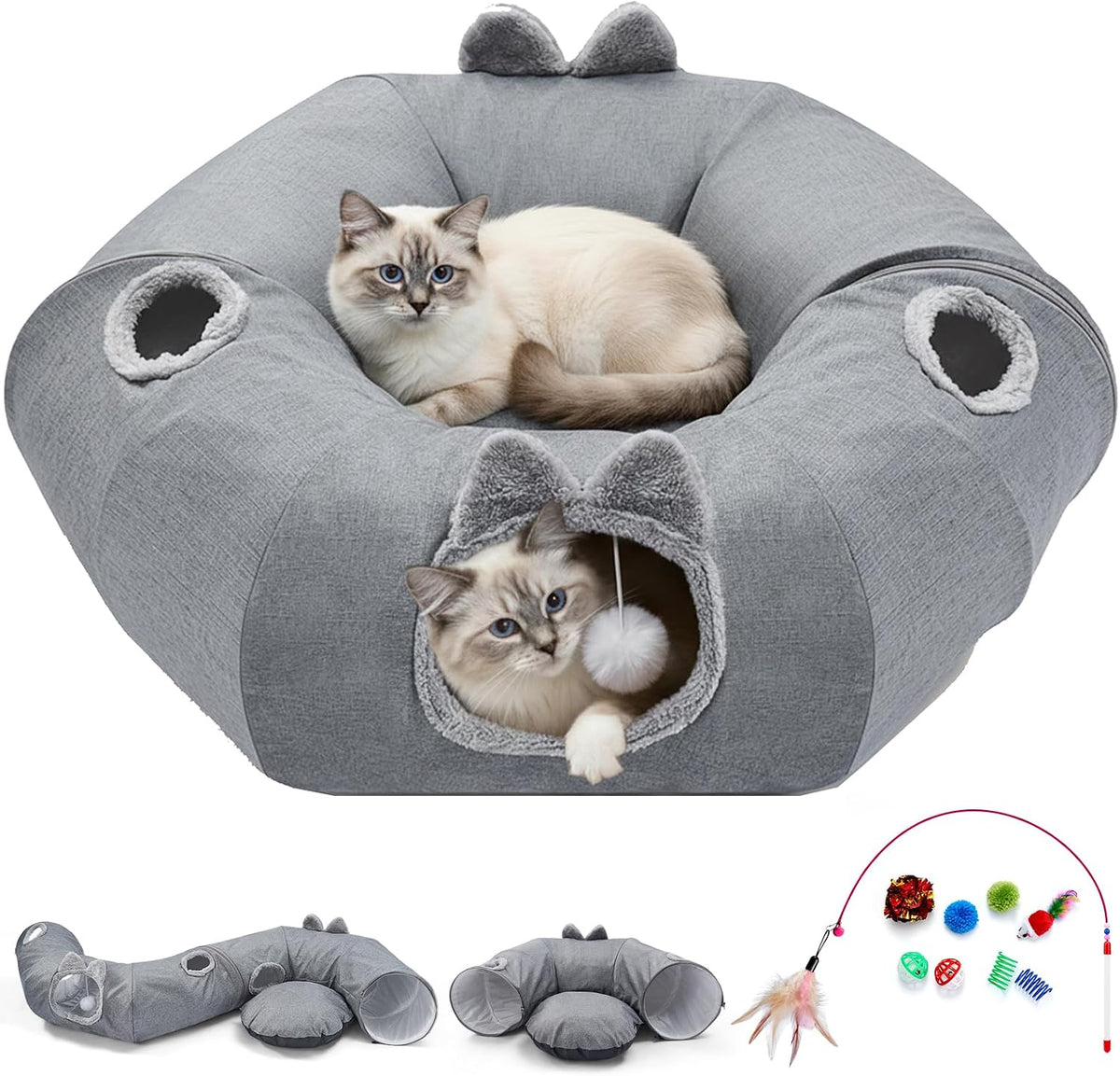 Odoland Linen Cat Tunnels & Central Cat Bed with 9 Interactive Cat Toys