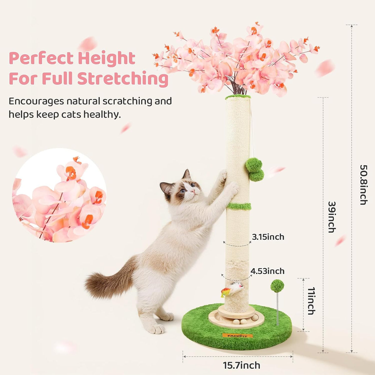 【Material Upgrade】 Famifit 50.4" Flower Cat Scratching Post, Tall Cat Tree