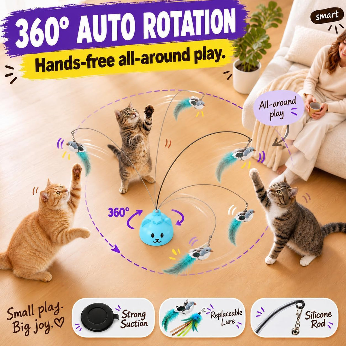 Interactive Cat Toys for Indoor Cats, 360° Automatic Spin Flying Bird Wand