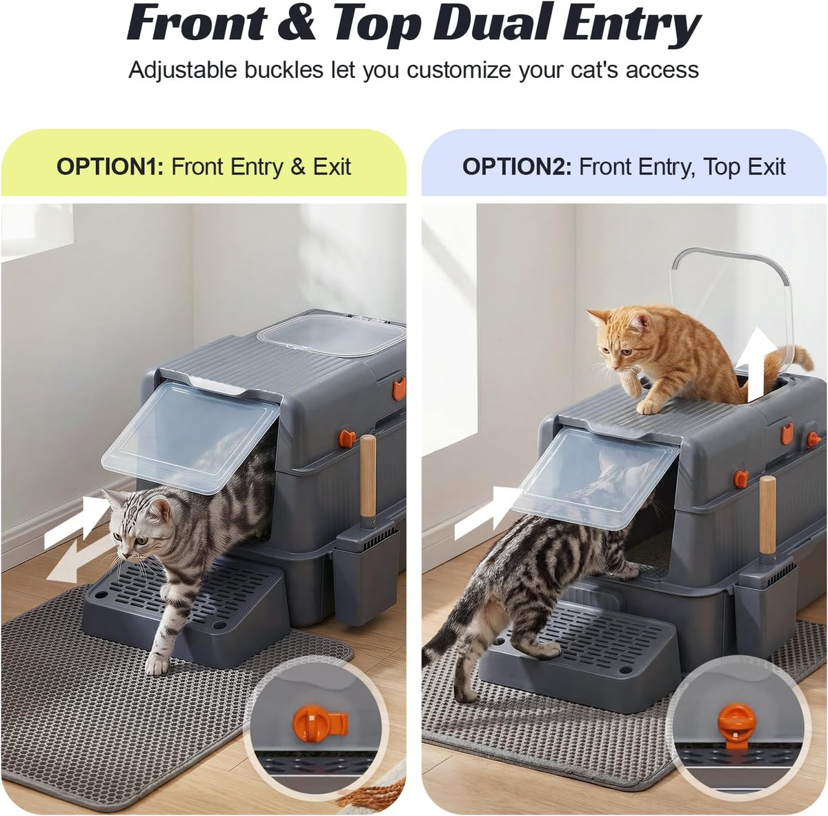 Stainless Steel Enclosed Cat Litter Box with Drawer, Extra Large Kitty Litter Box with Lid and Mat, Front & Top Entry Metal Cat Box for Big Cats, Odor Control, Easy to Clean, Grey